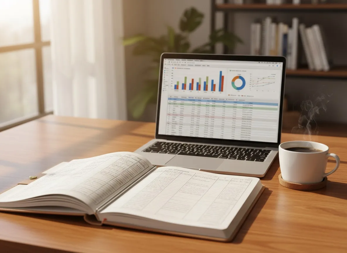 Neatly organized accounting workspace with an open ledger and laptop showing financial charts