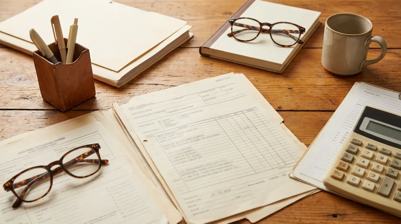 Self-assessment tax return documents and calculator on a warm-toned desk